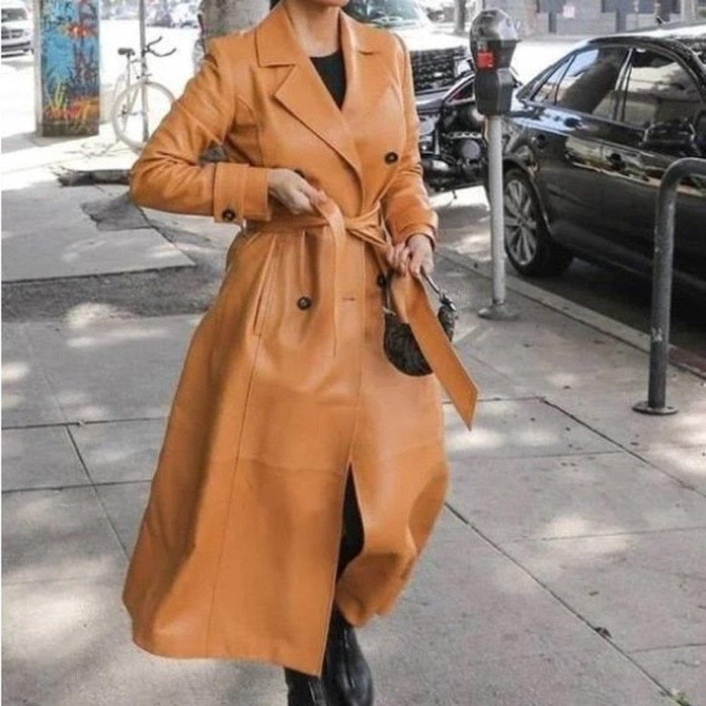 Frame vintage genuine leather trench coat tan
